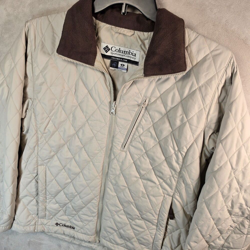 Columbia Quilted Jacket Women’s Size M Beige Diamond Puffer Fleece Collar Full Z